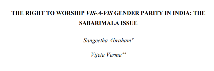 The Right to Worship vis-a-vis Gender Parity In India: The Sabarimala Issue